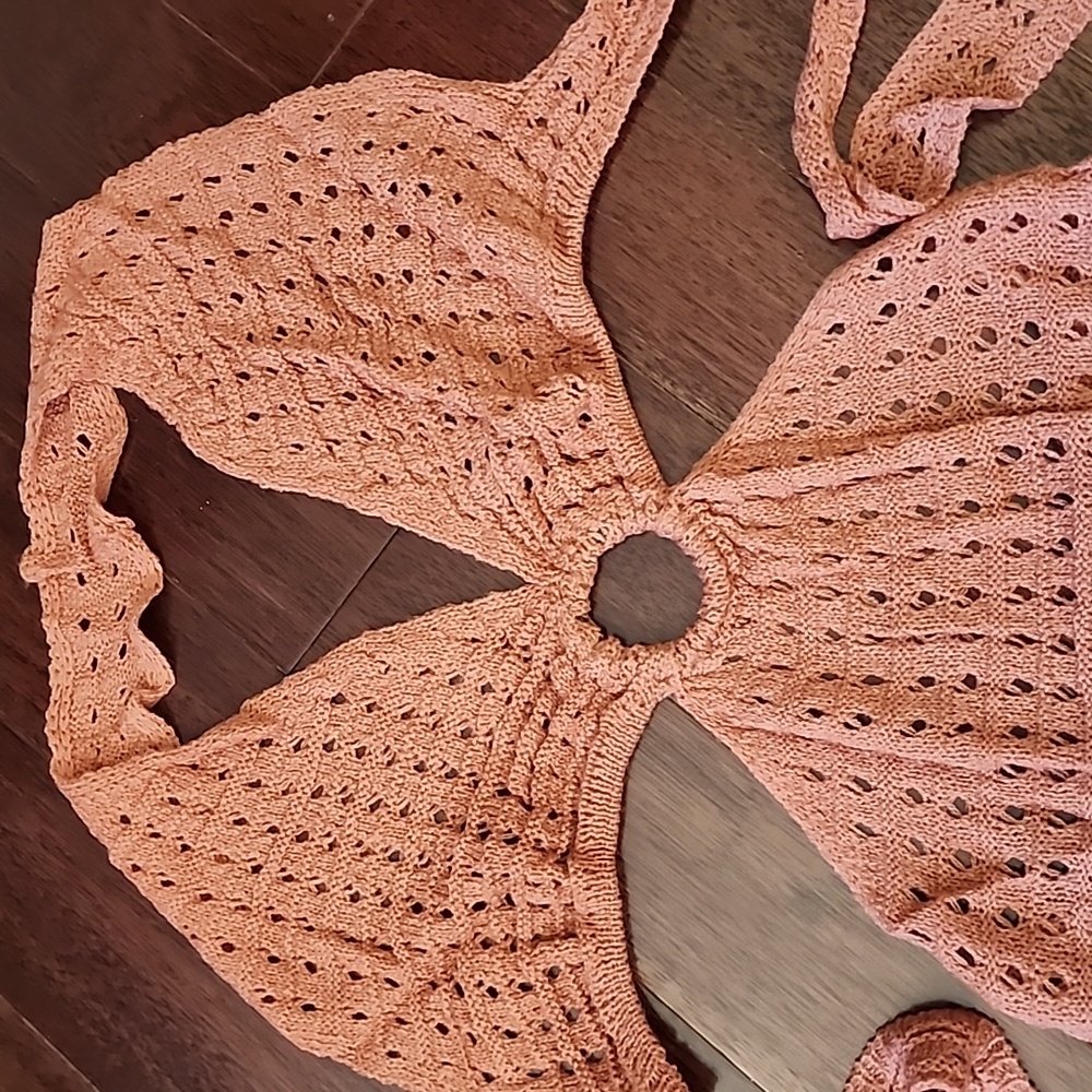 Crochet Center Ring Halter Coverup Dress, Sepia. Large - Picture 5 of 13